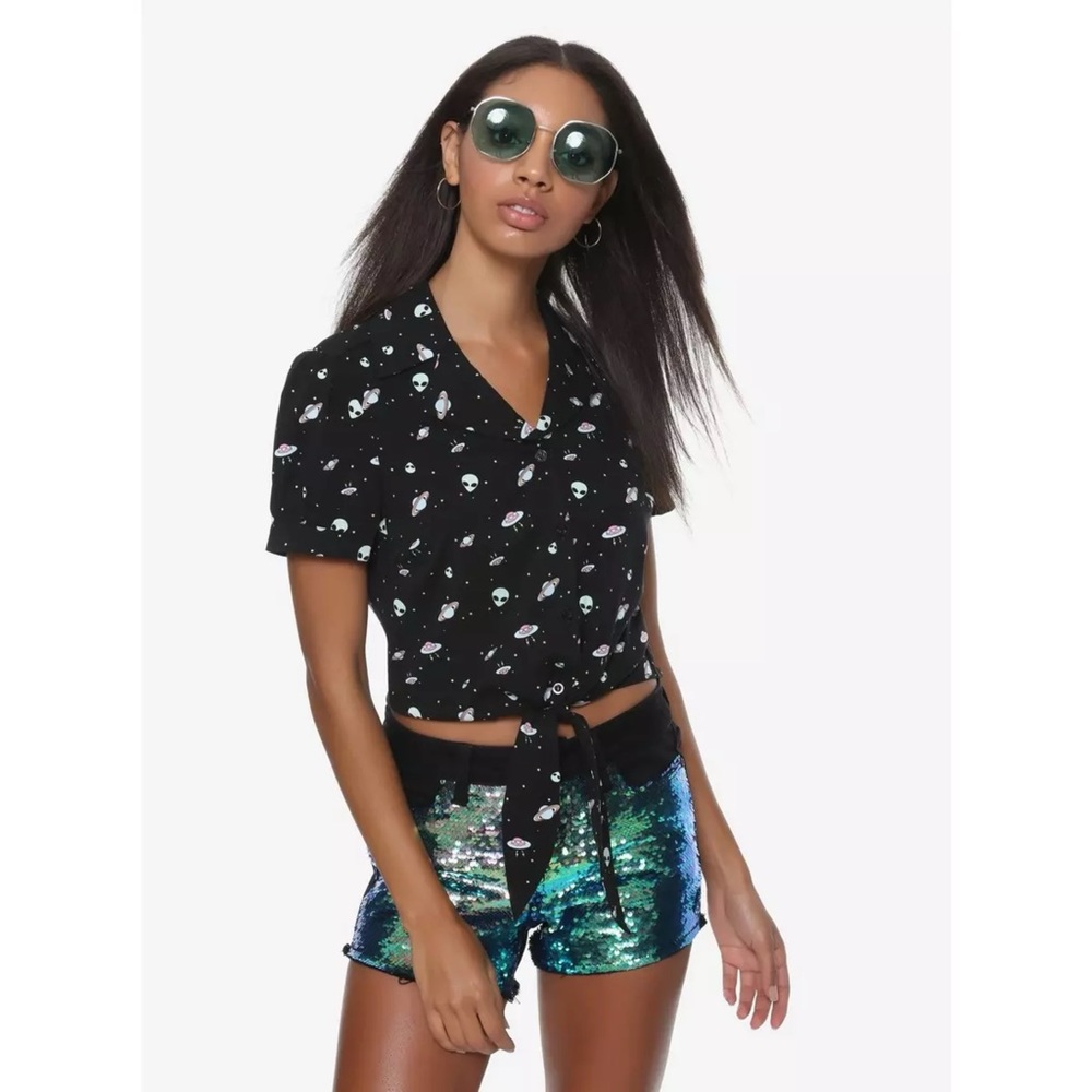Hot Topic Alien Print Tie Front Top Button Up Juniors Outer Space Sz S
